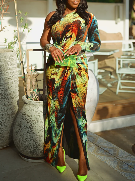 Urban Cross Color Block Printing Asymmetrical Maxi Dress