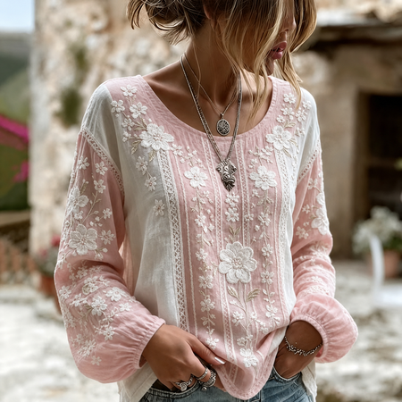 Crew Neck Long Sleeve Floral Printing Lightweight Micro-Elasticity Loose Blouse For Women