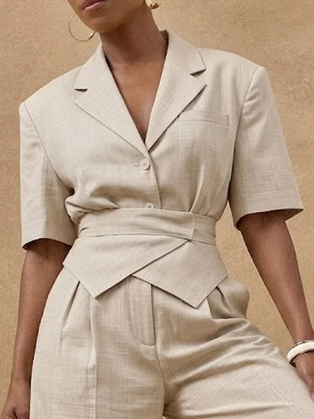 Cotton And Linen Urban Plain Buttoned Lapel Collar Shirt