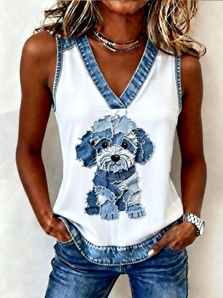 Casual V Neck Animal Tank Top