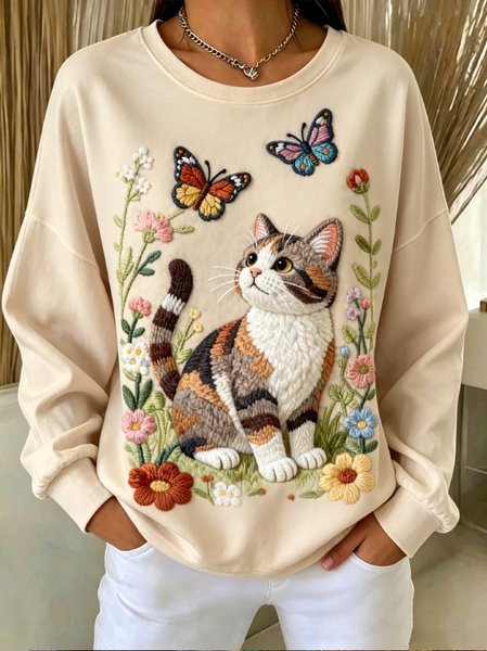 Women Animal Crew Neck Casual Spring/Fall Long Sleeve Sweatshirt