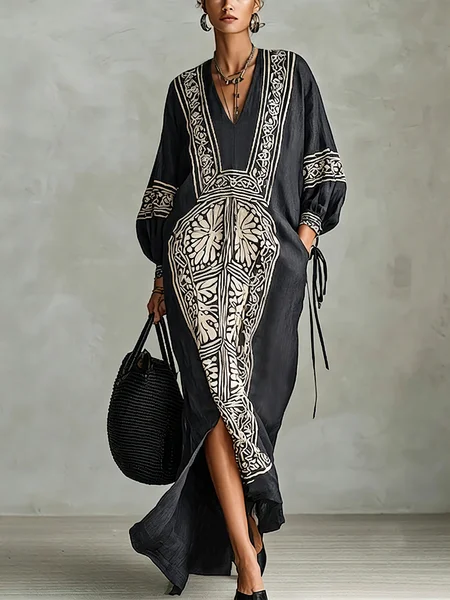 Cotton Casual Ethnic Balloon Sleeve Split Joint V Neck Maxi Dress