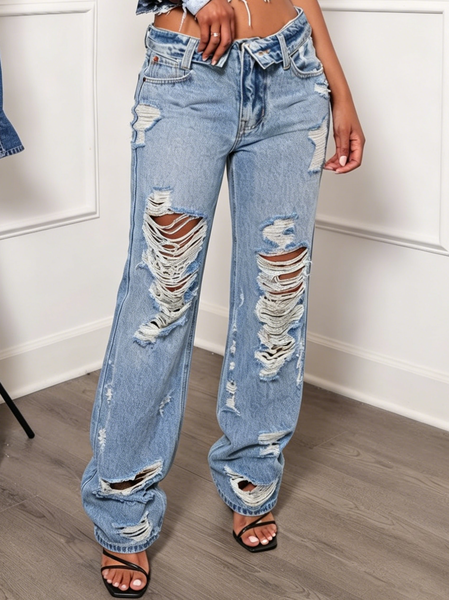 Casual Denim Ripped Plain Jeans
