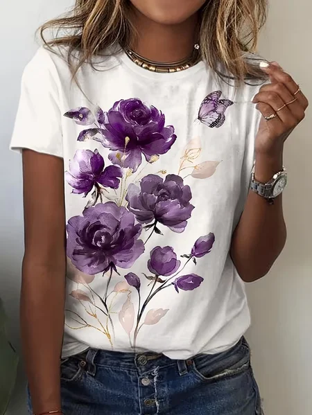 Women Floral Short Sleeve Tee T-shirt Crew Neck Printing Casual Graphic Tee Summer Top