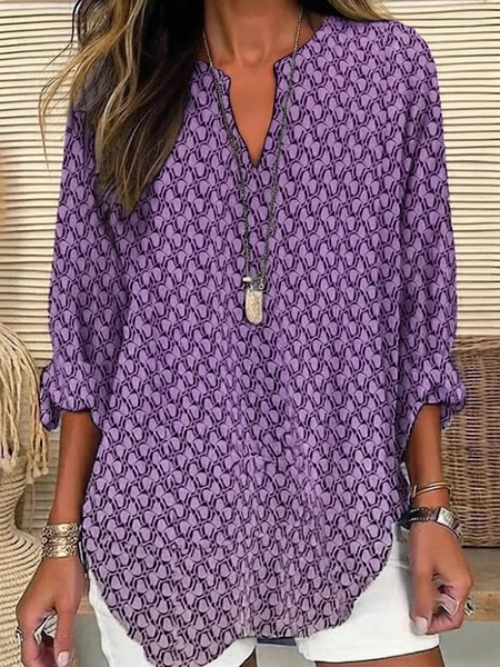 V Neck Long Sleeve Abstract Printing Regular Loose Blouse For Women