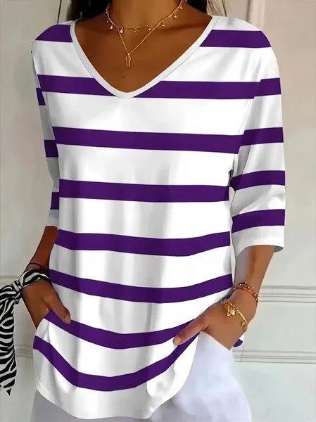 Women Striped Three Quarter Sleeve Tee T-shirt V Neck Printing Casual Graphic Tee Spring/Fall Top