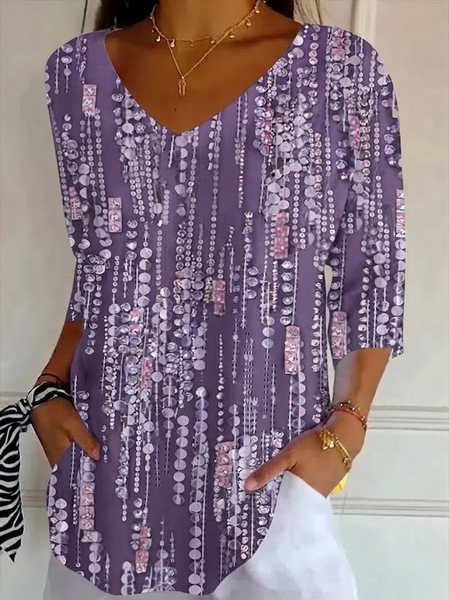 

Women Abstract Three Quarter Sleeve Tee T-shirt V Neck Printing Casual Graphic Tee Spring/Fall Top, Purple, T-Shirts