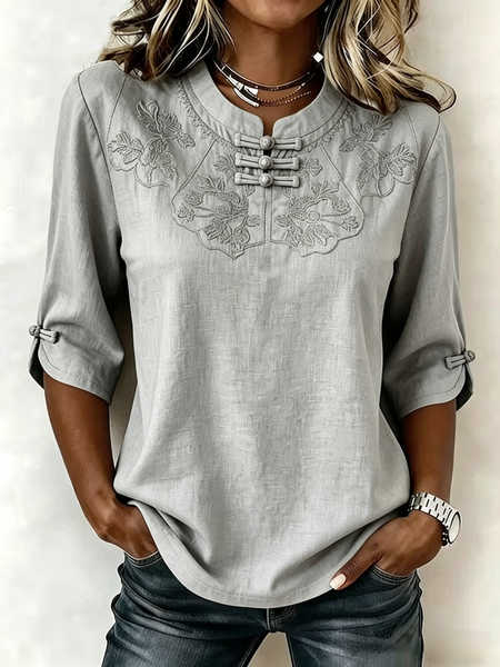 Women Floral Mandarin Collar Half Sleeve Blouse Printing Vintage Daily Summer Top