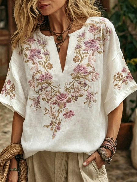 Half Open Collar Half Sleeve Floral Printing Regular Micro-Elasticity Loose Blouse For Women