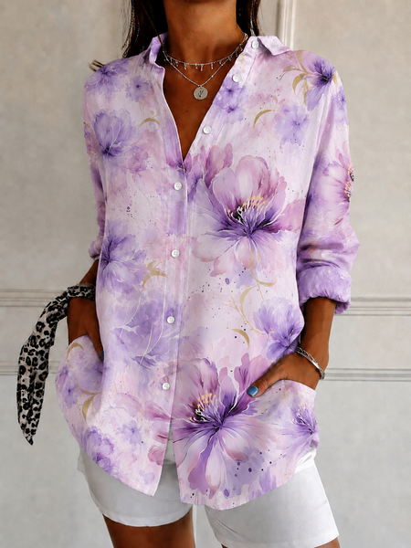 Shirt Collar Long Sleeve Floral Regular Micro-Elasticity Loose Shirt For Women