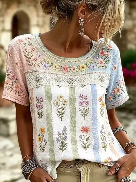Women Floral Short Sleeve Tee T-shirt Crew Neck Printing Casual Graphic Tee Summer Top