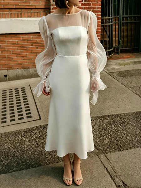 Elegant Plain Split Joint Crew Neck Maxi Dress