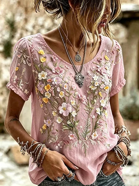 Casual Floral Crew Neck Short Sleeve T-shirt