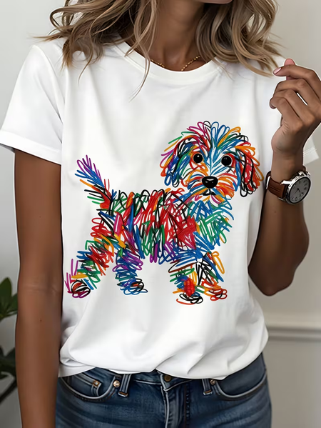 Women Dog Short Sleeve Tee T-shirt Crew Neck Printing Casual Graphic Tee Summer Top
