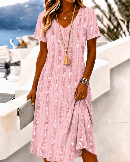 

Women Abstract Summer Dress V Neck Short Sleeve T-Shirt Dress A-Line Dress, Pink, Dresses