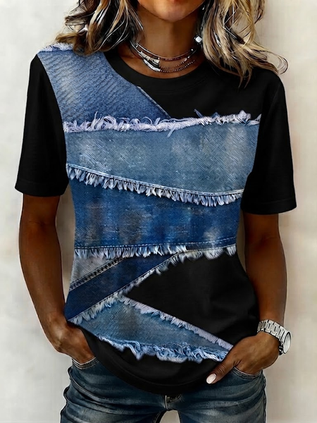 

Casual Faux Denim Print Graphic Crew Neck Short Sleeve T-shirt, Black, T-shirts