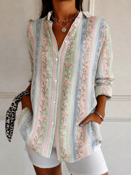 Shirt Collar Long Sleeve Floral Regular Micro-Elasticity Loose Shirt For Women