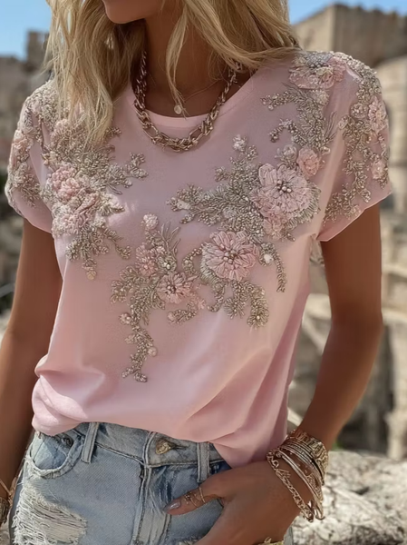 Casual Floral Crew Neck Short Sleeve T-shirt
