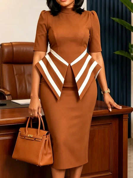 Elegant Color Block Stand Collar Midi Dress
