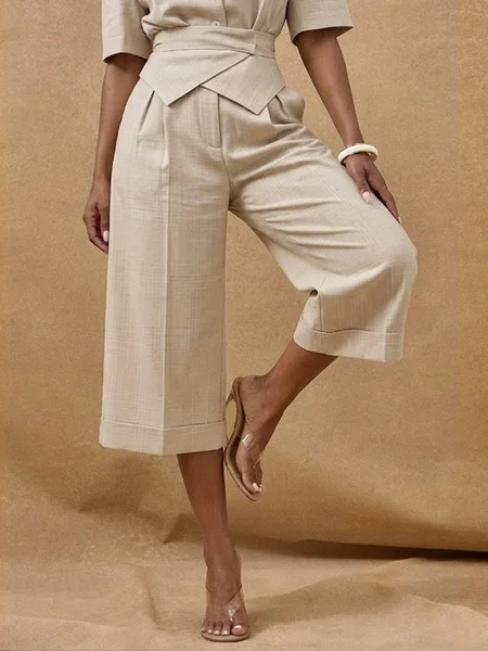 Cotton And Linen Urban Plain Straight Pants With Belt
