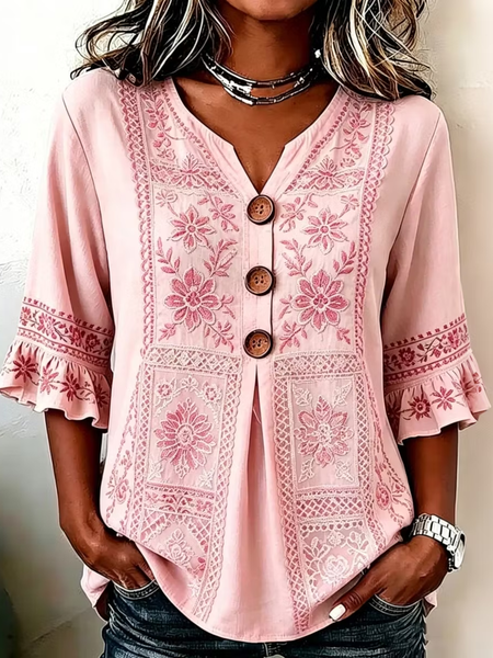 Women Floral V Neck Half Sleeve Blouse Printing Vintage Daily Summer Top