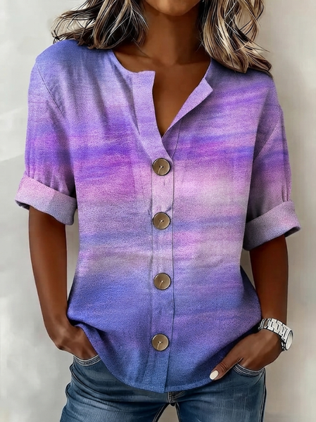 Women Ombre V Neck Half Sleeve Shirt Casual Daily Summer Top