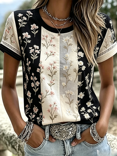 Women Floral Short Sleeve Tee T-shirt Crew Neck Vintage Summer Top