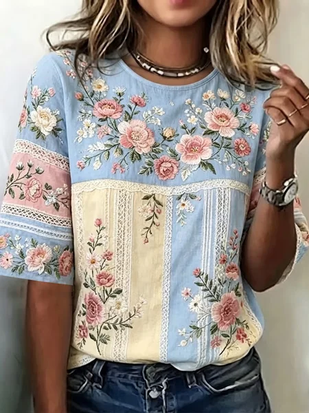 Women Floral Short Sleeve Tee T-shirt Crew Neck Printing Casual Graphic Tee Summer Top