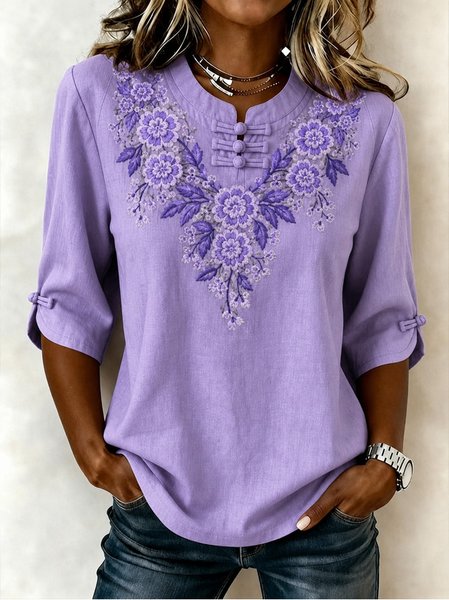 Women Ombre Crew Neck Half Sleeve Blouse Vintage Daily Summer Top