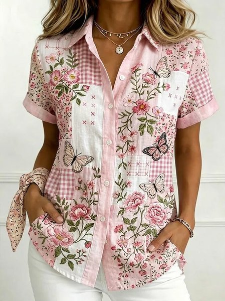 Shawl Collar Short Sleeve Geometric Lightweight Micro-Elasticity Regular Fit Shirt For Women