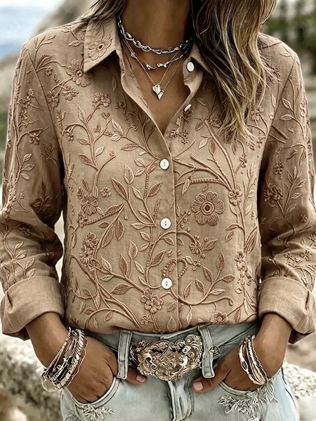 Women Floral Shirt Collar Long Sleeve Shirt Vintage Daily Spring/Fall Top