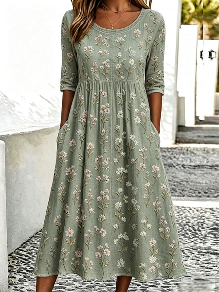Women Floral Summer Dress Crew Neck Half Sleeve H-Line Dress