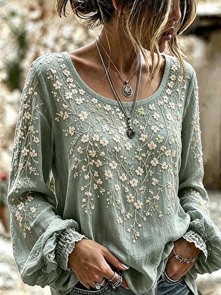 Women Floral Crew Neck Long Sleeve Blouse Vintage Daily Spring/Fall Top