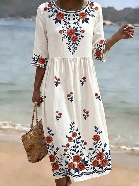 Women Floral Summer Dress Crew Neck Half Sleeve T-Shirt Dress H-Line Dress