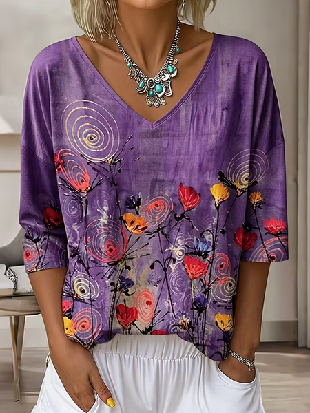 Women Floral Three Quarter Sleeve Tee T-shirt V Neck Casual Graphic Tee Spring/Fall Top