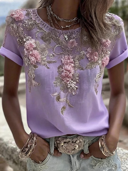 Women Floral Short Sleeve Tee T-shirt Crew Neck Vintage Summer Top