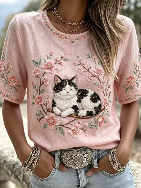 Women Floral Short Sleeve Tee T-shirt Crew Neck Printing Casual Graphic Tee Summer Top
