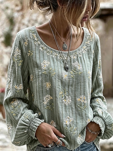 Women Floral Crew Neck Long Sleeve Blouse Vintage Daily Spring/Fall Top