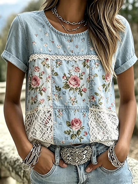 Casual Floral Crew Neck Short Sleeve T-shirt