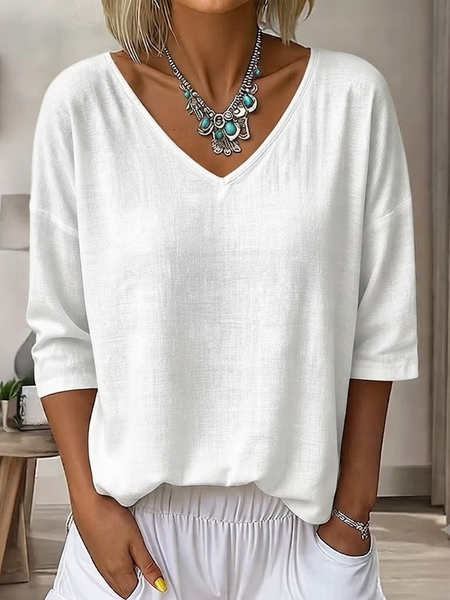 Women Plain Three Quarter Sleeve Tee T-shirt V Neck Casual Graphic Tee Spring/Fall Top