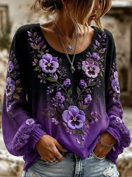 Women Floral Crew Neck Long Sleeve Blouse Printing Casual Daily Spring/Fall Top