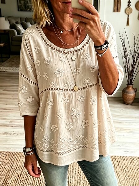 Women Floral Half Sleeve Tee T-shirt Crew Neck Casual Summer Top