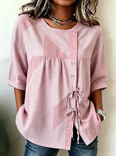 Crew Neck Half Sleeve Striped Lightweight Micro-Elasticity Regular Fit Shirt For Women