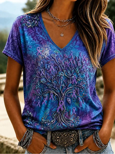 Casual Floral V Neck Short Sleeve T-shirt