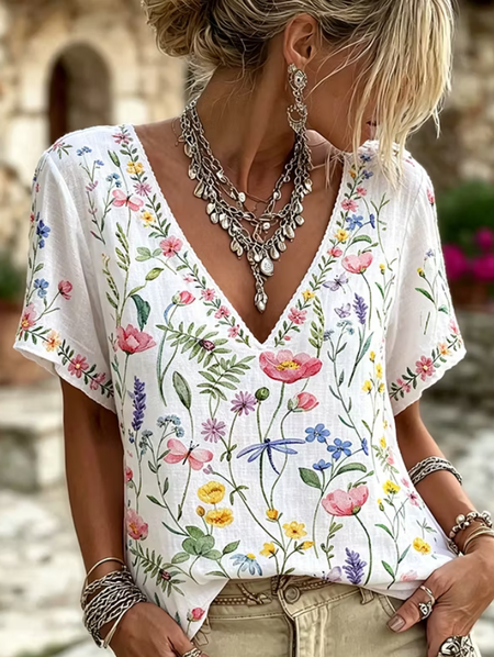 Women Floral Short Sleeve Tee T-shirt Crew Neck Vintage Summer Top