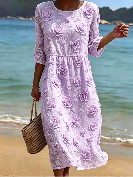 Women Floral Summer Dress Crew Neck Half Sleeve T-Shirt Dress H-Line Dress