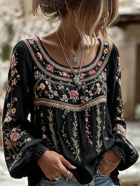 Women Floral Crew Neck Long Sleeve Blouse Vintage Daily Spring/Fall Top