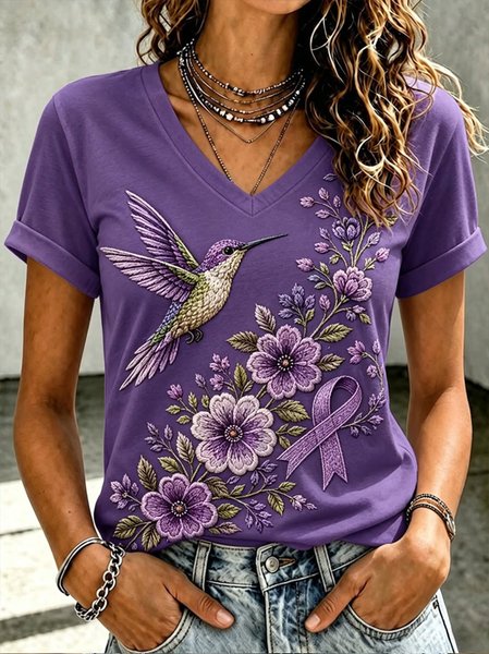 Women Floral Short Sleeve Tee T-shirt V Neck Casual Summer Top