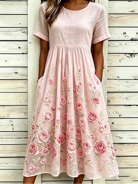 Women Floral Summer Dress Crew Neck Half Sleeve T-Shirt Dress A-Line Dress