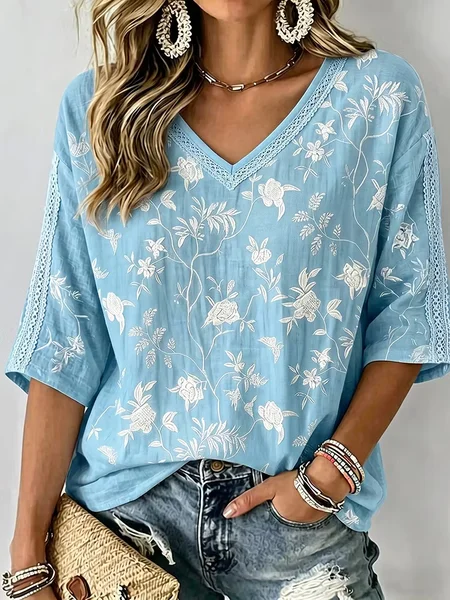 Women Floral V Neck Half Sleeve Blouse Casual Daily Summer Top